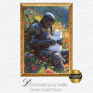 Katze und Ritter im Blumenfeld Wall Art Digital. Süße Katze und Brave Knight Wand Kunst Sofort Download