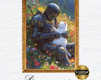 Cat and Knight in a Flower Field Wall Art Digital. Cute Cat and Brave Knight Wall Art Instant Download