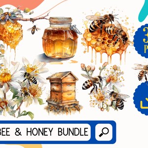 Honing en Bee Clipart aquarel PNG bundel, 34 Bee Honeycomb Hive bloemen combo bundel digitale download