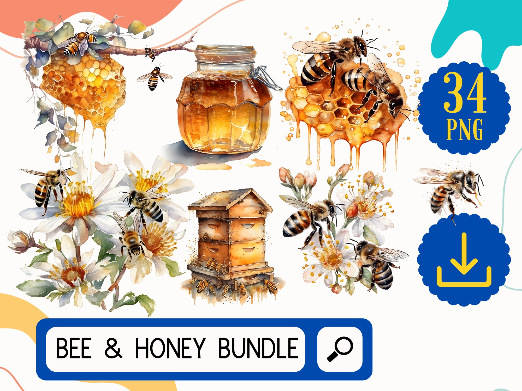 Honey and Bee Clipart Watercolor PNG Bundle, 34 Bee Honeycomb Hive ...