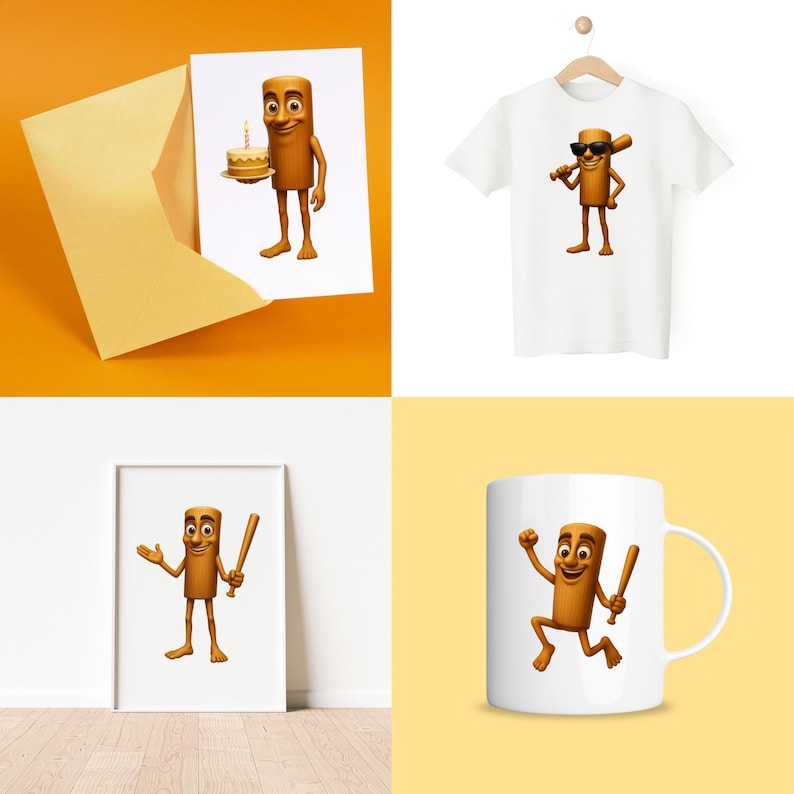 May include: A collection of products featuring a cartoon character. Includes a greeting card with a birthday cake, a white t-shirt with sunglasses and a baseball bat, a framed print, and a white mug with the character.
