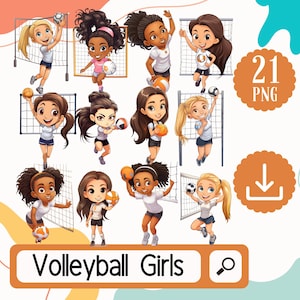 Dynamische Mädchen Vollball Clipart - 21 PNG Spielerinnen in Aktion - Digital Kunst Download
