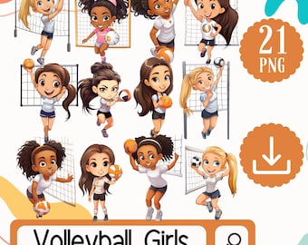 Dynamic Girls Volleyball Clipart - 21 PNG Energetic Players in Action - Digital Art Download