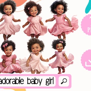 Black Baby Girl in Pink Dress Clipart - 7 Little Black Girl PNG Pink Baby shower - Nursery Clipart - Gender Reveal png
