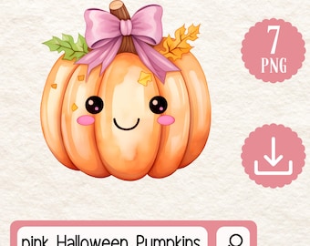 Cute Pink Halloween Pumpkins Clipart Set. 7 PNG Cute Halloween Pumpkin Graphics Digital Download. Halloween Decor, Pumpkin, Bow