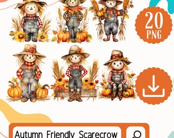 Clipart di spaventapasseri autunnali. Set PNG Spaventapasseri acquerello da 20 autunni, album di ritagli, creazione di carta, creazione di biglietti, diario spazzatura, pacchetto di download digitale