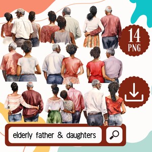 Padre anziano nero dell'acquerello e le sue figlie, clipart per la festa del papà afroamericano - 14 PNG padre nero dietro, set padre figlia