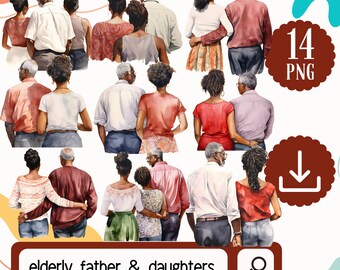Watercolor Black Elderly Father and his Daughters, African American Fathers Day Clipart - 14 PNG Black Father Behind, Father Daughter Set