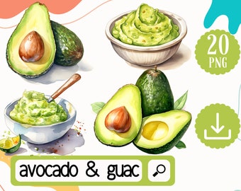 Avocado Clipart Guacamole Clipart Bundle. Avocado and Guacamole PNG Digital Download