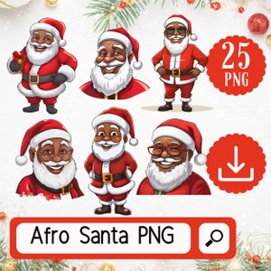 Ensemble de cliparts noir du Père Noël. 25 Père Noël afro-américain PNG. Noël Afro Cartoon Santa Clipart, fabrication de cartes téléchargement numérique
