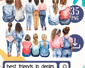 Watercolor Best Friends in Denim Clipart. 35 Mix of Girl Friends PNG. Black Besties Duo Clipart.  Friendship clipart Digital Download