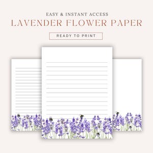Druckbares liniertes Papier mit Lavendel. Schönes Lavendel Blumen Briefpapier, digitaler Download PDF, Briefpapier. Papier das Begeistert