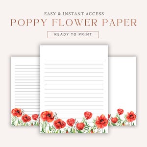Druckbares liniertes Papier mit Mohnblumen. Schönes Aquarell Blumen Briefpapier, digitaler Download PDF, Briefpapier. Papier das Begeistert