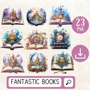 Aquarel fantastische boeken clipart. 23 Fantasy boek PNG clipart bundel. Boekenwurm clipart lezen. Onderwijs Clipart. Boekenwurm png-bundel