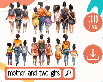 Mothers Day Black Mother and Daughters Clipart PNG. 30 Mother and twins Clipart. Black women and girls Clipart. Mom Birthday Clipart
