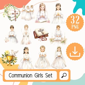 Erstkommunion für Mädchen png. Erstkommunion Clipart. 32 PNG Mädchen Kommunion religiöse Clipart. Mädchen im weißen Kleid Clipart