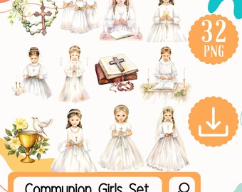 Erstkommunion für Mädchen png. Erstkommunion Clipart. 32 PNG Mädchen Kommunion religiöse Clipart. Mädchen im weißen Kleid Clipart