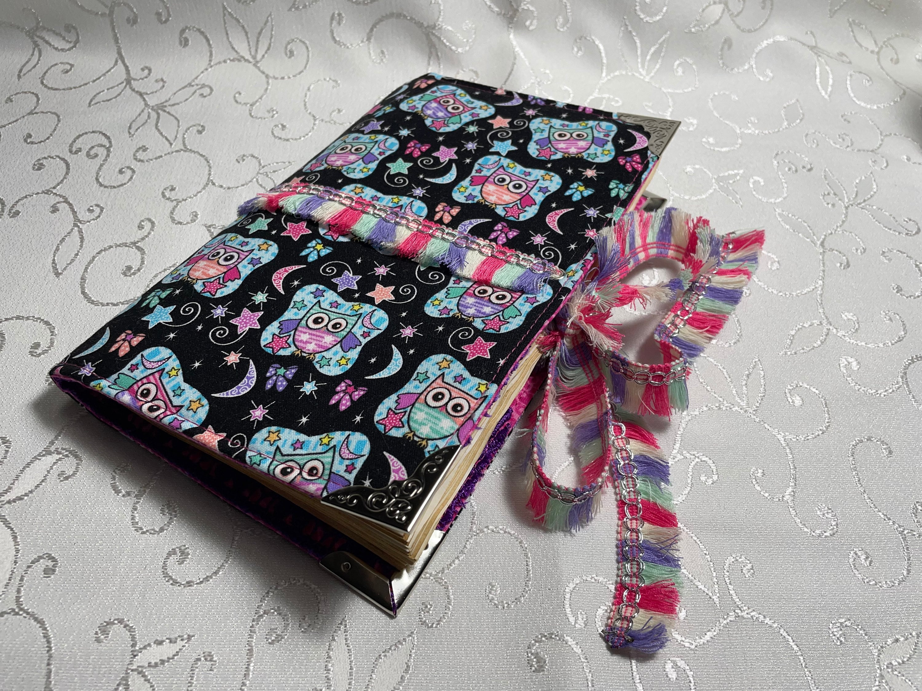 Junk Journal Cover - Pink and Lavender Owls with Blue Skies and Stars on a Black background - COVER 