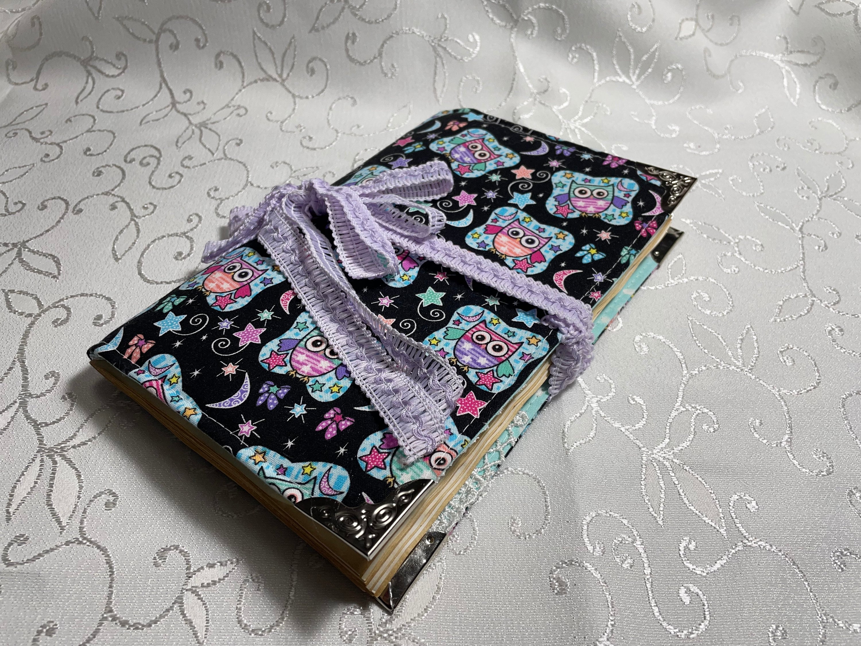 Junk Journal Cover - Pink and Lavender Owls with Blue Skies and Stars on a Black background - COVER 