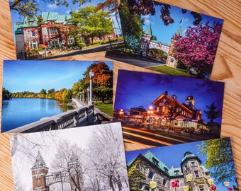 6 Postcards 4x6" format printed in 2021 thick glossy cardboard, colorful photos of the Saint-Hyacinthe region. spring, winter, fall.