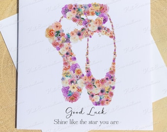 Personalised ballet, ballerina card. Floral ballet slipper. Good luck, well done, congratulations or birthday card. Choice of wording