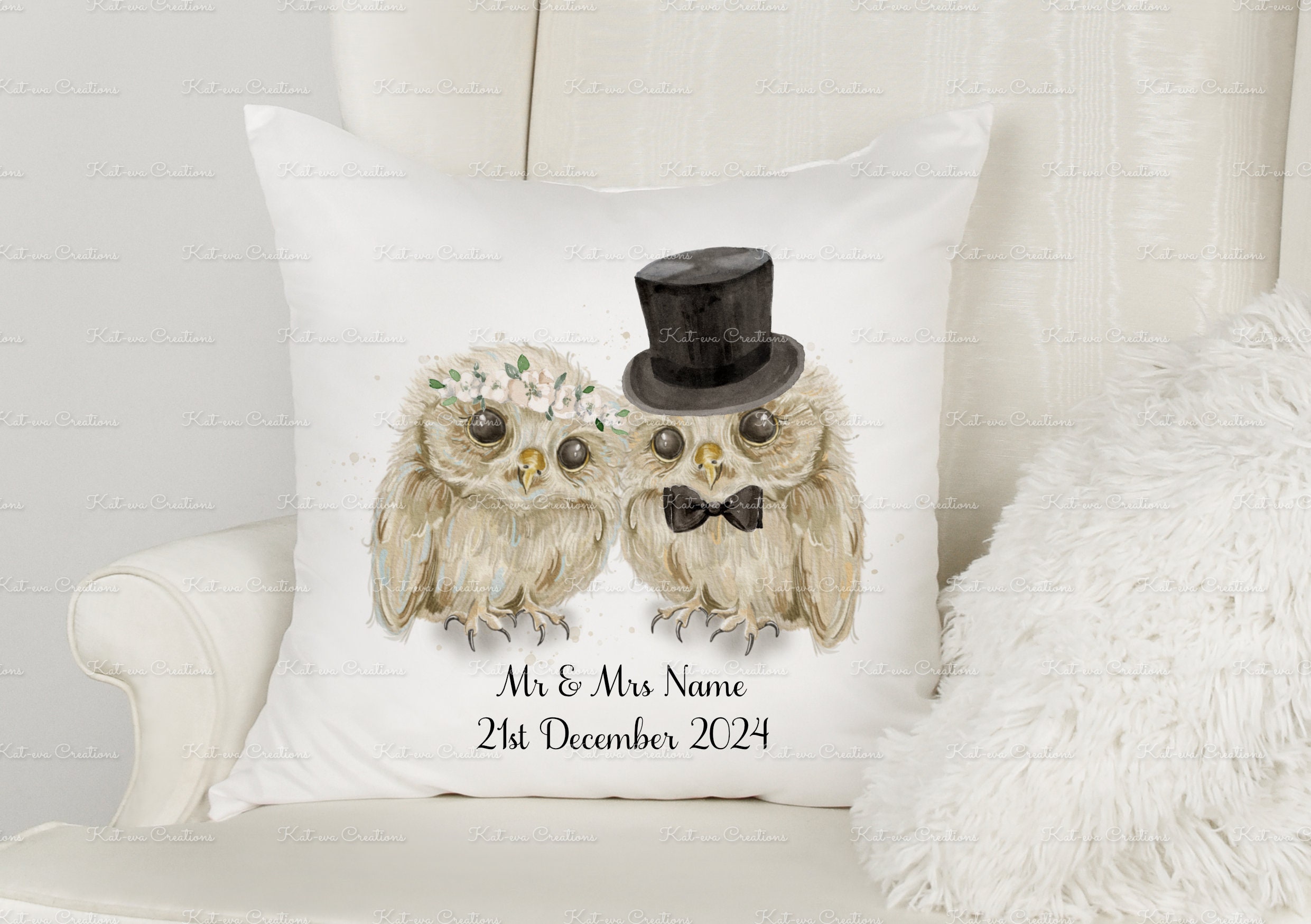 Wedding gift, Personalised Wedding Cushion. Owl pillow. Bride and Groom Owl present