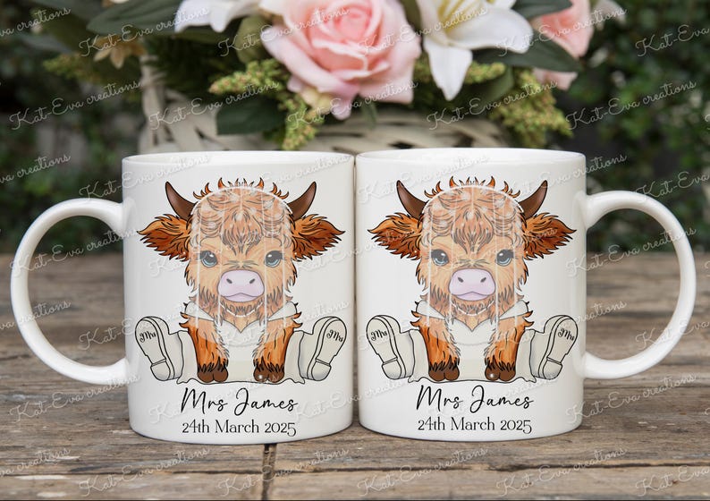 May include: Two white ceramic mugs with a cartoon Highland cow wearing a veil and holding a bouquet of flowers. The mugs have the text "Mrs James" and "24th March 2025" printed on them.
