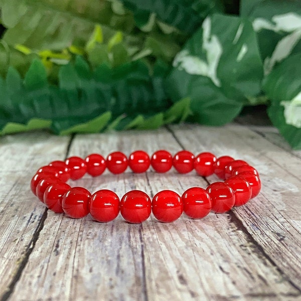 Red Beaded Bracelet-8mm, Elastic bracelet, Stretch bracelet, Gift for him, Gift for her, Handmade bracelet