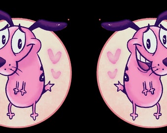 May include: A pink cartoon dog with big eyes and a wide smile, surrounded by pink hearts. The dog is standing on a light pink background.