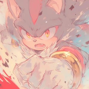 May include: A digital illustration of a gray and red cartoon character with yellow eyes, a clenched fist, and a gold bracelet. The character is surrounded by a red and white background.