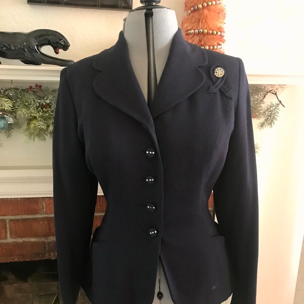 SHARP 1940's Miller & Rhoads Navy Blue Ladies Suit Jacket with Rhinestone and Arrow Details