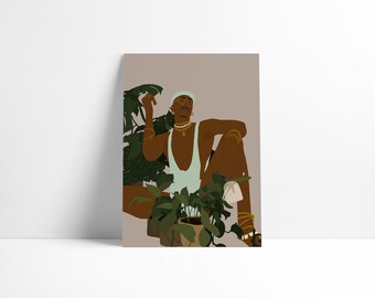 Plant Daddy – Czarny mężczyzna Cyfrowa sztuka ścienna – Do pobrania w wersji drukowanej – Dekoracja dla miłośników roślin – Męska miękka estetyka życia