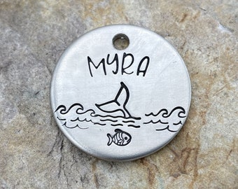 Ocean dog tag handmade dog gift small pet name tag hand stamped with fish and whale up to 2 phone numbers or microchipped