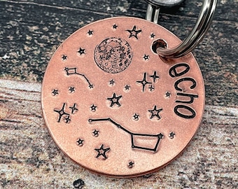 Space dog tag, premium double-sided metal pet id tag with up to 2 phone numbers or microchipped, Copper, Brass or Nickel Silver