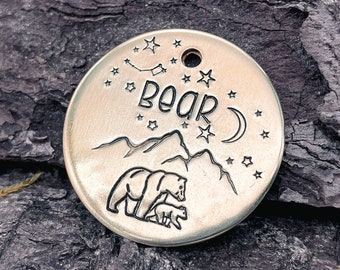 Mountain dog tag with bear and cup, double-sided metal pet id tag with up to 2 phone numbers or microchipped, dog tag for dogs personalized