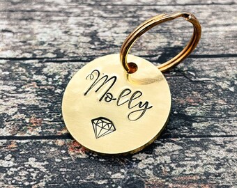 Dog tag for small dogs, metal pet id tag stamped with name and diamond, up to 2 phone numbers or microchipped