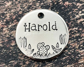 Cactus dog tag, small pet id tag with 2 phone numbers, dog tag for dogs personalized, hand-stamped dog name tag, metal pet id tag, dog gift