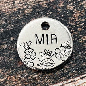 Cat id tag personalized, miniature dog tag, flower cat name tag with butterflies, custom cat tag hand-stamped, cat name tag small