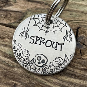 May include: A silver dog tag with a Halloween theme. The tag features a spider web, spiders, pumpkins, and a skull. The name "SPROUT" is engraved on the tag.