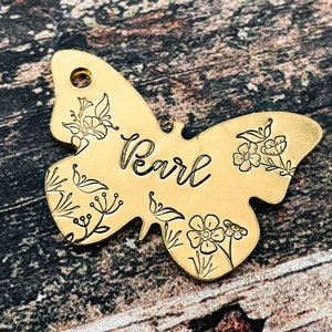 Butterfly dog tag, cute floral girl dog id tag with flowers, hand-stamped pet tag, dog tag for dogs personalized, dog tag with phone number