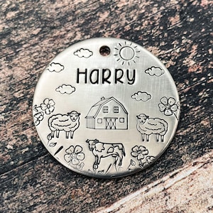 Dog tag for dogs personalized, large double-sided pet id tag with farm design, metal dog tag with 2 phone numbers, microchipped dog tag