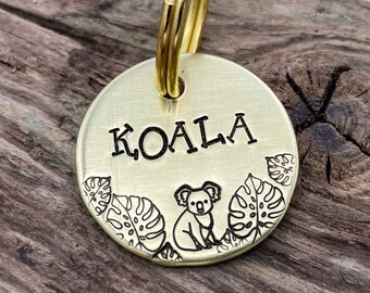 Cute dog tag, custom dog tag with 2 phone numbers, engraved pet tag with koala bear and leaves, dog tag for dogs personalized, dog gift