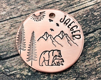 Mountain dog tag, bear dog tag, durable metal pet id tag, double-sided dog tag, dog tag 2 phone numbers, custom microchipped dog tag