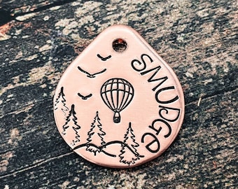 Cute dog tag for dogs, small teardrop pet tag hand stamped with hot air balloon, double-sided custom dog tag 2 phone numbers or microchipped