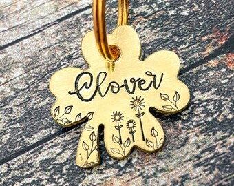 Mini shamrock pet tag with flowers, hand stamped double-sided mini dog or cat tag with phone number