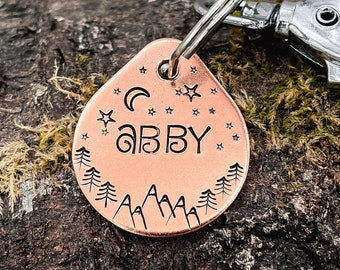 Small dog tag for dogs, teardrop pet tag hand stamped with mountains, double-sided dog tag with up to 2 phone numbers or microchipped