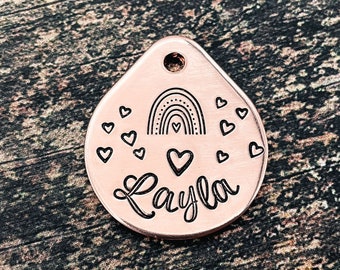 Heart dog tag for dogs, small teardrop pet tag hand stamped with rainbow, double-sided dog tag with up to 2 phone numbers or microchipped