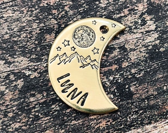 Moon dog tag, hand-stamped dog tag with mountains and stars, double-sided dog tag with 2 phone numbers, cute dog name tag personalized