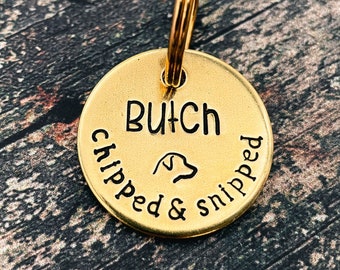 Small dog tag hand-stamped dog id tag chipped & snipped engraved dog tag for dogs personalized 2 phone numbers copper brass nickel silver