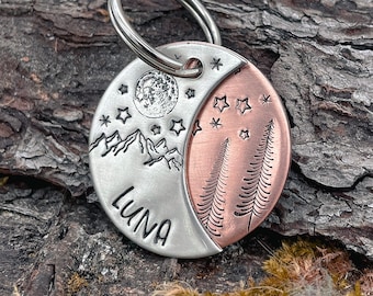 Moon dog tag, stars, trees, handstamped
